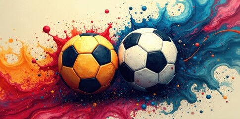 Swirling ink depicts two colliding soccer balls, textured grunge background , movement, textured