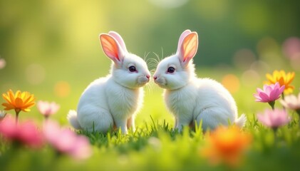 Obraz premium Two charming white rabbits playing amongst a profusion of colorful blooms in a sunny field , soft, garden