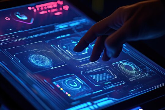 Futuristic Technology Interface Hand Interacting with a Neon Blue Digital Screen Displaying Advanced Data and Biometric Information