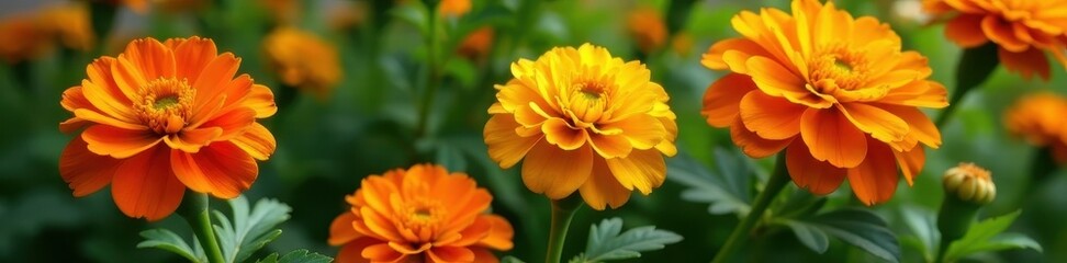 Vibrant marigolds, rich orange and yellow hues, lush green leaves , foliage, petals
