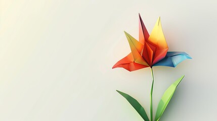 Fototapeta premium A colorful origami flower with green leaves sits on a white background.