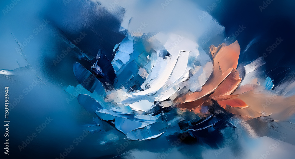 Poster An abstract background featuring dynamic brushstrokes in shades of blue, white, and orange, creating a sense of movement and depth.
