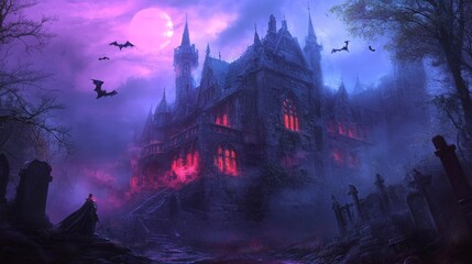 Fototapeta premium An eerie gothic vampire mansion under the full moon, surrounded by dead trees and a fog-covered graveyard. The mansion has sharp spires, cracked stone walls, and glowing red windows. A vampire with a 