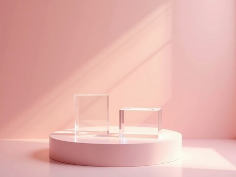 Fondo rosa pastel para exhibici&oacute;n de productos con podios de vidrio flotante, suavemente iluminados por una suave iluminaci&oacute;n ambiental
