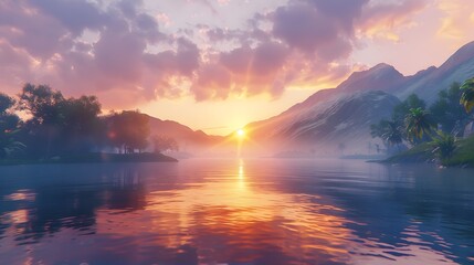 A photorealistic mountain lake at sunrise with vibrant colors, representing nature and serenity