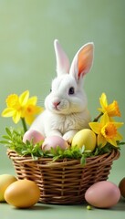 White bunny in wicker basket overflowing with colorful Easter eggs and daffodils , purity, white