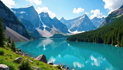 Azure alpine lake nestled amidst snow-capped peaks, sun, clouds