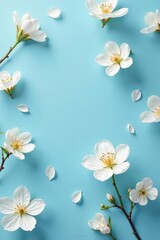 Obraz premium Delicate white blossoms, seamlessly repeating on a calming blue backdrop , blossom, delicate, classic