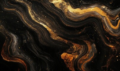 Dynamic swirling gold particles on a black background, illuminated by soft glowing highlights creating a luxurious and abstract composition .