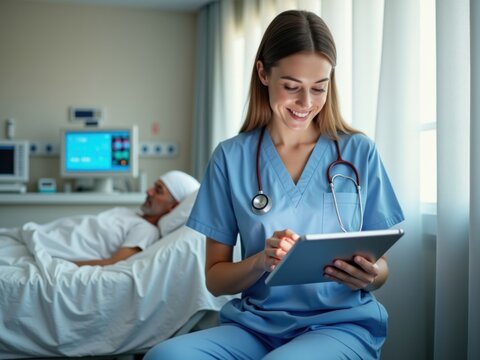 Enfermera que documenta el progreso del paciente en una tableta digital, registros precisos, tecnolog&iacute;a sanitaria moderna, seguimiento del paciente

