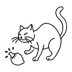 Playful Cat with Yarn Ball Black Line Art Illustration for Coloring Book or Tattoo