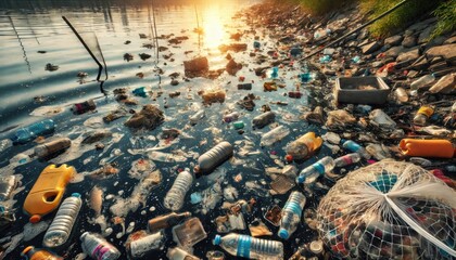 image of a polluted river filled with garbage and industrial waste, highlighting the impact of human waste on nature.