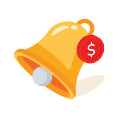 Money with bell denoting payment reminder 3d icon