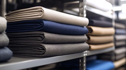 A single stack of fabric bolts styled on a sleek metal shelf for tailoring services. pic