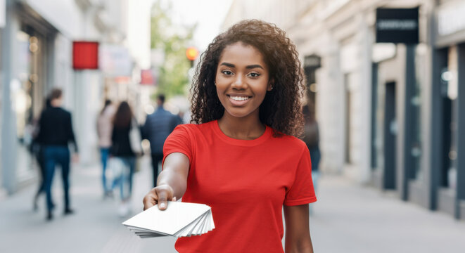 Young Black female promoter hands out flyers to pedestrians in an urban area