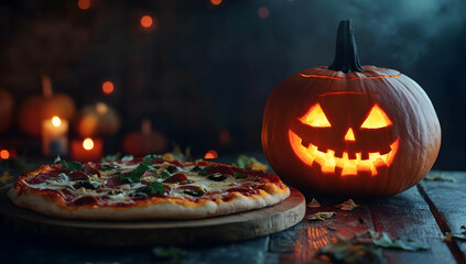 Halloween-themed pizza  and a spooky night background. 