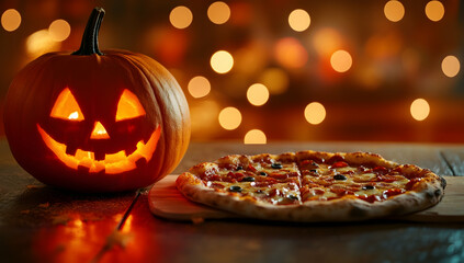 Halloween-themed pizza  and a spooky night background. 