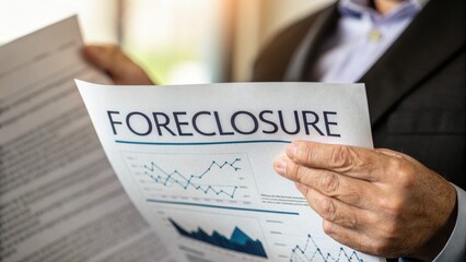 A person holds a foreclosure notice, indicating financial distress, with graphs and data visible, highlighting the seriousness of the situation.