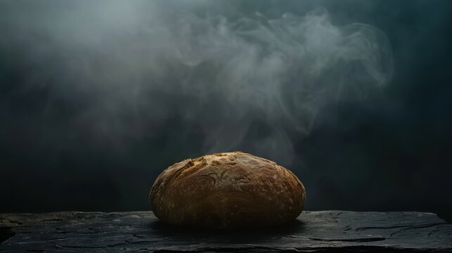 Rustic Sourdough Bread Loaf on Matte Black Background with Elegant Moody Lighting – Minimalist Artisan Bakery Branding. selective focus