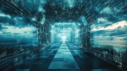 Futuristic digital tunnel with data streams illuminated in blue light