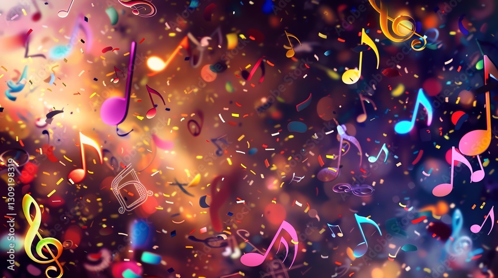 Canvas Prints a colorful and festive background featuring musical notes and confetti on a dark background.