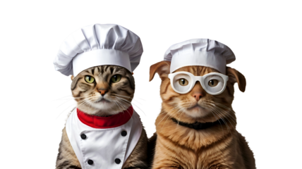 chef and dog, cat and a dog wearing hats and chef uniforms, isolated on white background png