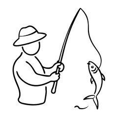 Fisherman Catching Fish Line Art Vector Illustration for Outdoor Recreation and Hobbies