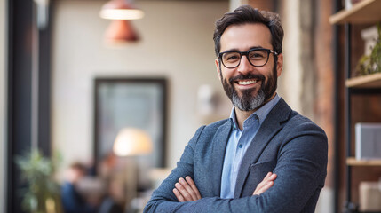 Obraz premium A confident businessman with glasses and a beard smiling with arms crossed in a modern office with warm lighting 