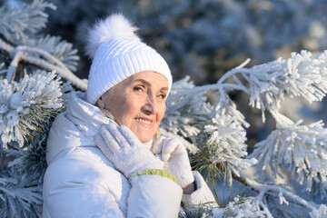 Beautiful elderly woman posing in a snowy winter park