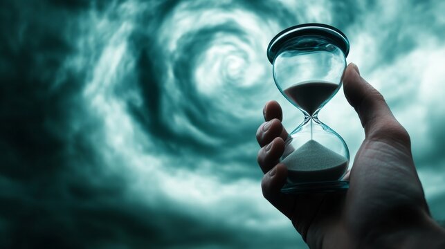 Man Holding Hourglass with Swirling Sky &ndash; Time and Chaos Theme