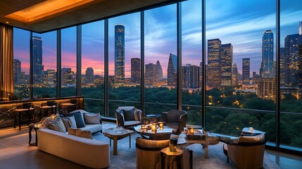 Room with couches, city backdrop at dusk, for luxury real estate ads
