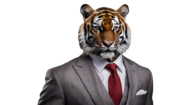 Tiger wearing suit portrait isolated on transparent white background png