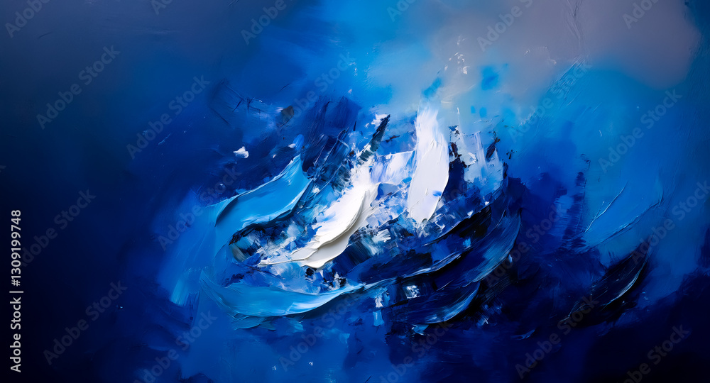 Poster abstract painting featuring shades of blue and white. bold brushstrokes create a dynamic and texture