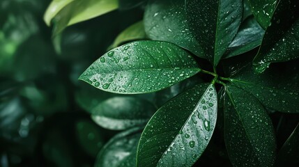 Fototapeta premium Green leaves with dew drops in lush foliage in natural setting