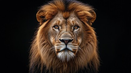 Fototapeta premium A majestic lion gazes intently; its golden-brown mane frames piercing eyes, while rich browns and blacks meld on its textured fur, capturing its fierce yet regal essence