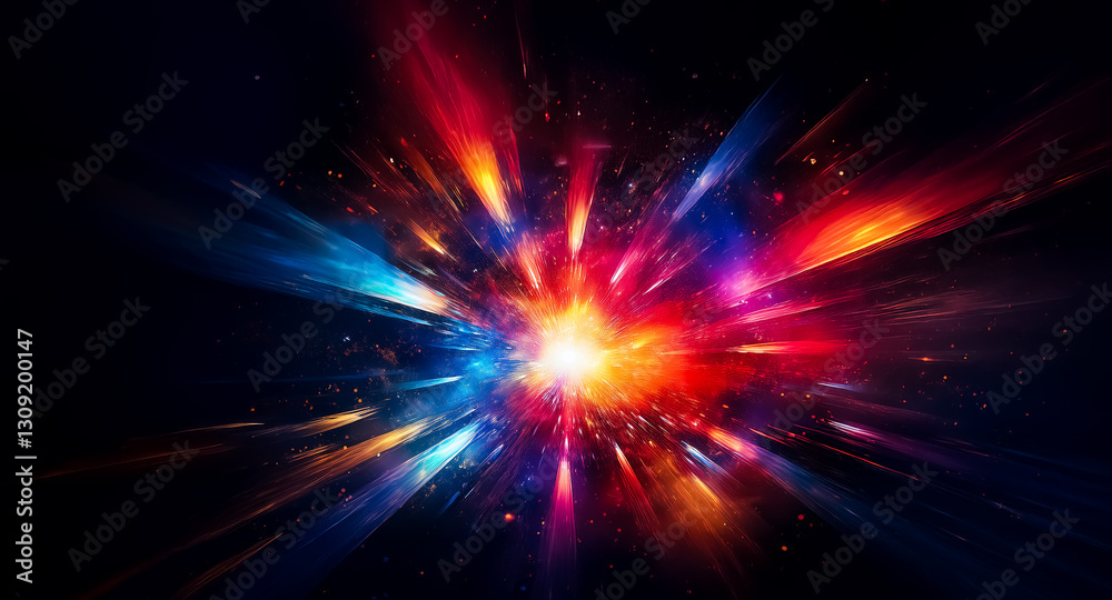 Poster Vibrant explosion of light with radiating beams in dark space.  A colorful burst of energy creating dynamic motion. Abstract cosmic design.