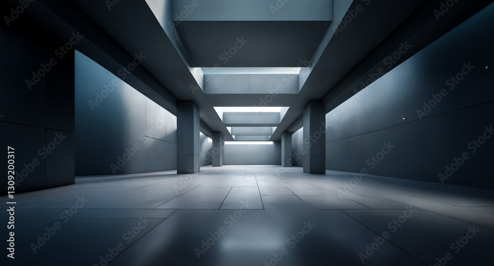 Poster a dim, industrial interior with concrete columns and beams creates a stark, geometric perspective. l