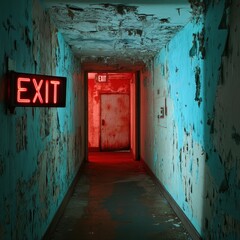 Obraz premium Abandoned corridor with peeling paint and glowing exit sign, evoking a sense of unease