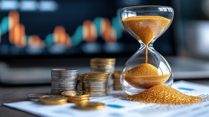 Hourglass and a pile of coins on financial documents representing the concept of time sensitive financial decisions investment strategies money management and deadline driven business processes