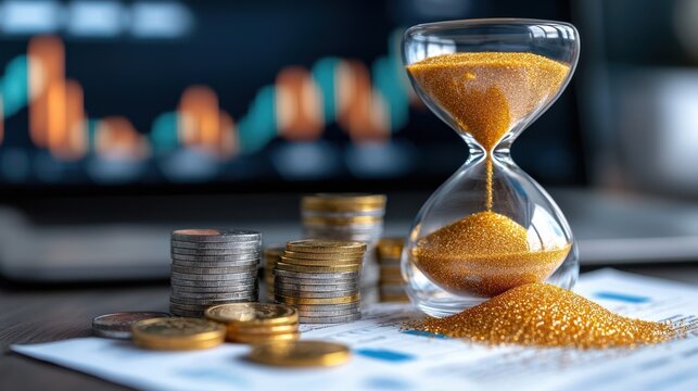 Hourglass and a pile of coins on financial documents representing the concept of time sensitive financial decisions investment strategies money management and deadline driven business processes