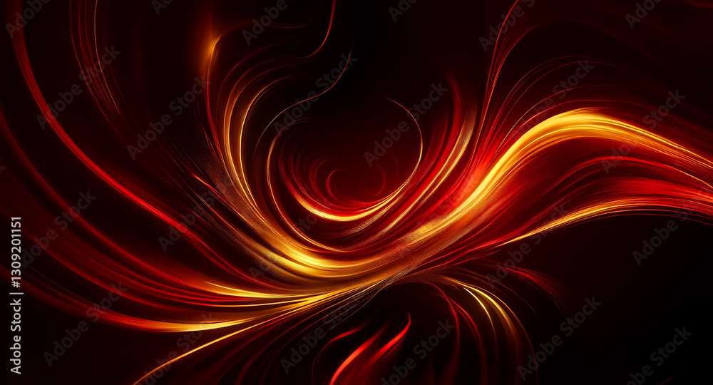 Leinwandbilder Abstract image featuring swirling lines of golden light that evoke flames against a dark red to black backdrop, creating a dynamic and energetic flow.