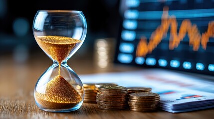 Hourglass silhouette on financial market chart or graph symbolizing time management investment strategy business planning and critical deadlines  Concept of deadline research analysis decision making