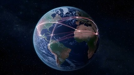 The image shows a digitally enhanced representation of planet Earth set against a backdrop of stars.  Luminous lines trace interconnected pathways across the globe, symbolizing global communication n