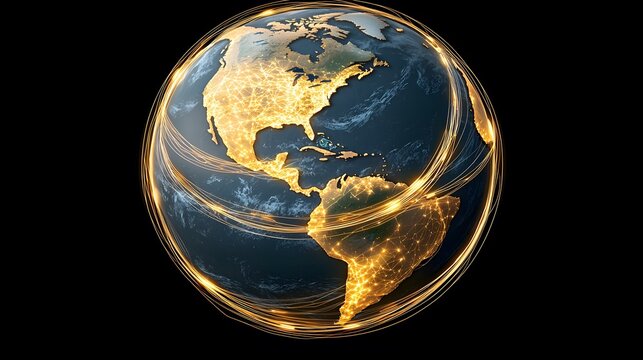 The image shows a dark-blue representation of Earth, centered on the Americas, encircled by glowing golden lines suggesting global network connections.
