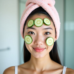 Young Asian woman with fresh cucumber slices on her face, wrapped in a pink towel, wearing a white robe. Home skincare, natural beauty treatment.