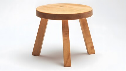 A modern Scandinavian-style wooden stool with a round seat and three legs, isolated on a white backdrop