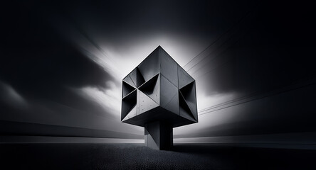 Concrete geometric structure, cube-shaped with horn-like projections, stands in a desolate landscape. Dramatic, cloudy sky. Mysterious dark ambiance.