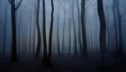 Obraz premium Dense forest in foggy twilight with tall bare trees