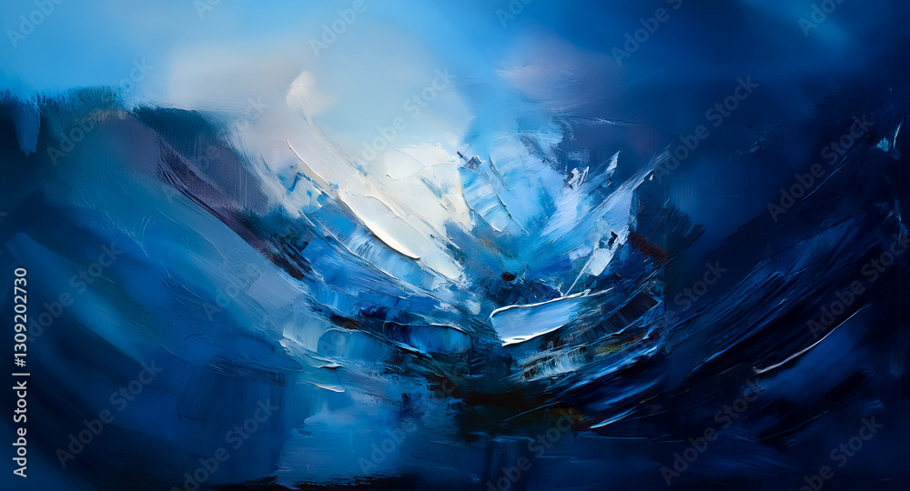 Poster Abstract painting with flowing shades of blue and white. Dynamic brushstrokes create movement and texture in this visual artwork.