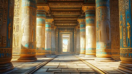 Ancient egyptian temple interior with decorated columns and hieroglyphics